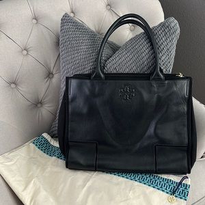 Tory Burch Black Ella Canvas & Leather Tote